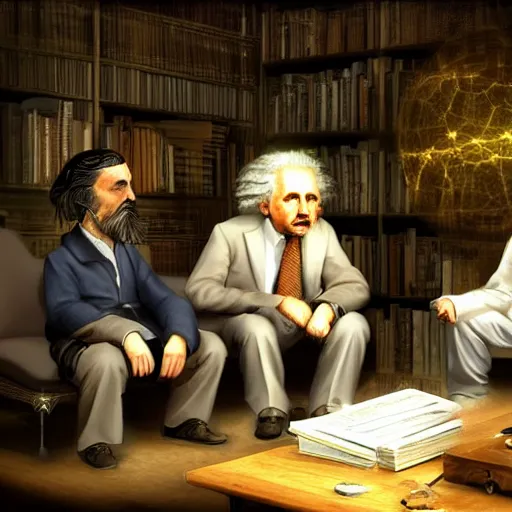 Image similar to Sokrates, Platon and Einstein discussing about general relativity, ultra high definition fantasy art, volumetric lighting