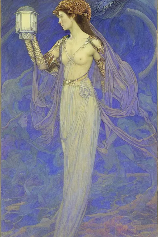 Prompt: queen of the dawn with her lantern, by Annie Swynnerton and Nicholas Roerich and jean delville, dramatic cinematic lighting , ornate headdress , flowing robes, lost civilizations, extremely detailed