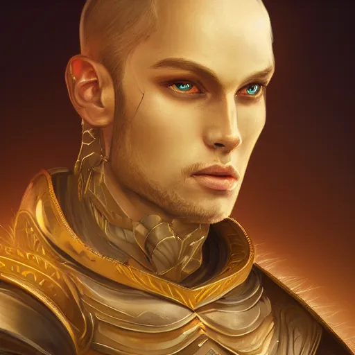 Image similar to a stunning portrait of a noble male human fantasy warrior, with glowing eyes, face, intricate, elegant, highly detailed, digital painting, artstation, concept art, smooth, sharp focus