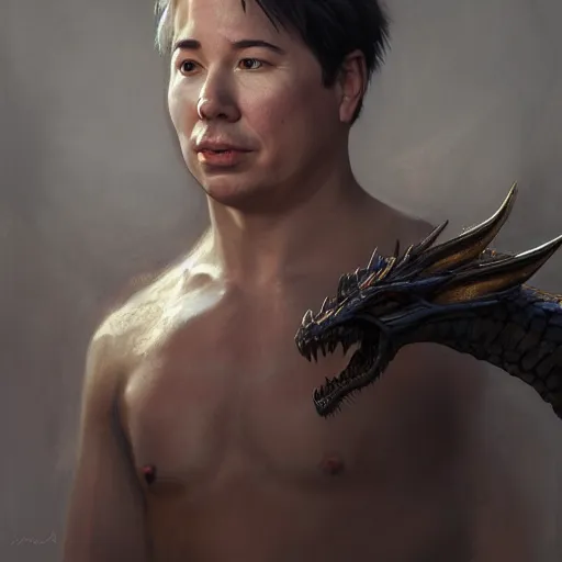 Image similar to a portrait of michael mcintyre, there is a dragon in the background, anatomy, bathed in light, highly detailed, photorealistic, artstation, smooth, sharp focus, illustration, unreal engine 5, 8 k, art by artgerm and greg rutkowski and edgar maxence