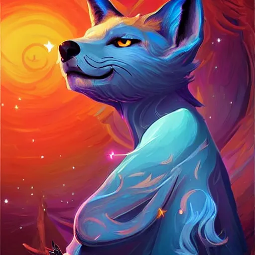 Image similar to a stylized painting for an avatar of an awesome cosmic powerful luxurious foxfolk mage themed around death and the cosmos, in the style of dnd beyond avatar portraits, beautiful, artistic, elegant, lens flare, magical, lens flare, nature, realism, stylized, art by jeff easley and genndy tartakovsky