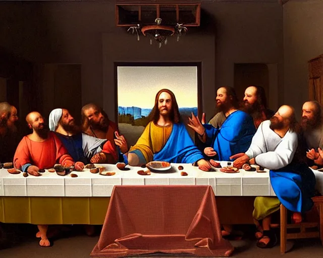 Image similar to beautiful glorious realistic oil painting of the last supper, baroque style by vermeer, highly detailed and photorealistic, 8 k high detail and intricate