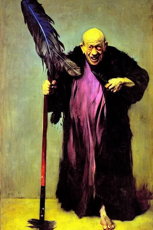 Prompt: insane crazy old priest in stained robes, surrounded by an aura crow feathers, holding a glowing sledgehammer, portrait, painting by francis bacon, by ilya repin, by goya