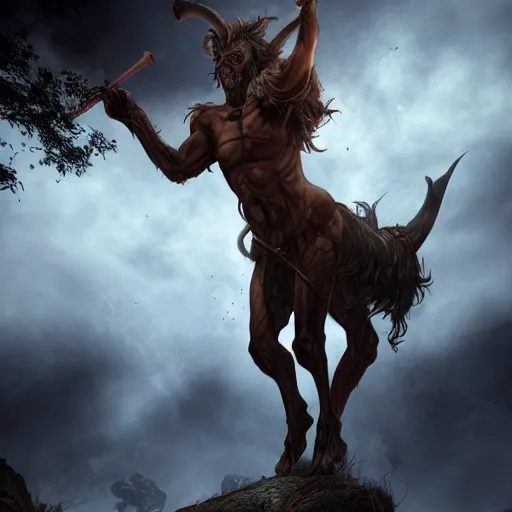 Image similar to towering male undead centaur god with spear looking down at the camera, dramatic lighting, upshot, curly dark hair, huge curving horns, satyr, faun, furred clydestale, fantasy artstation, cgsociety, anatomical, 8 k, magical, award winning cinematography