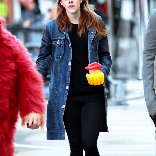 Prompt: Emma Watson wearing Furby with ketchup