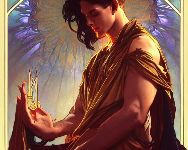 Image similar to attractive male deity, casting dark magic, summoning handsome lucifer morningstar, highly detailed painting by artgerm and greg rutkowski and alphonse mucha