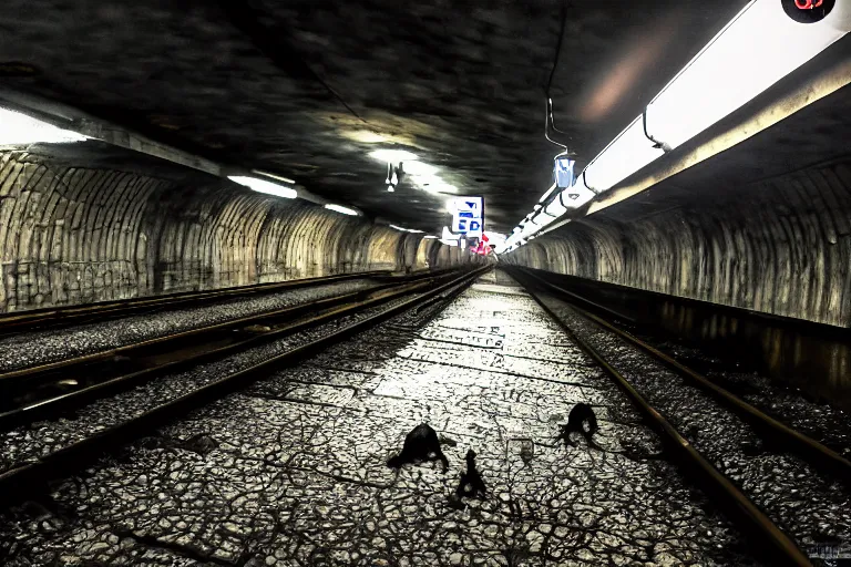 Prompt: very large giant mutant zombie irradiated rat sraying on railways in tonnel of moscow subway. extreme high detail. low dark light, night vision, scary atmosphere.