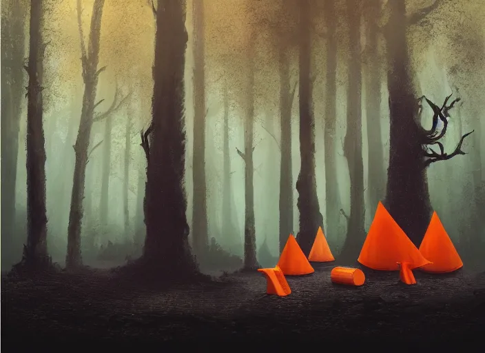 Image similar to a few orange safety cones in a beautiful strange forest a black fuzzy beast with long nose stands in the distance, cinematic painting by james jean, atomspheric lighting, moody lighting, dappled light, detailed, digital art, limited color palette, wes anderson, 2 4 mm lens, surreal