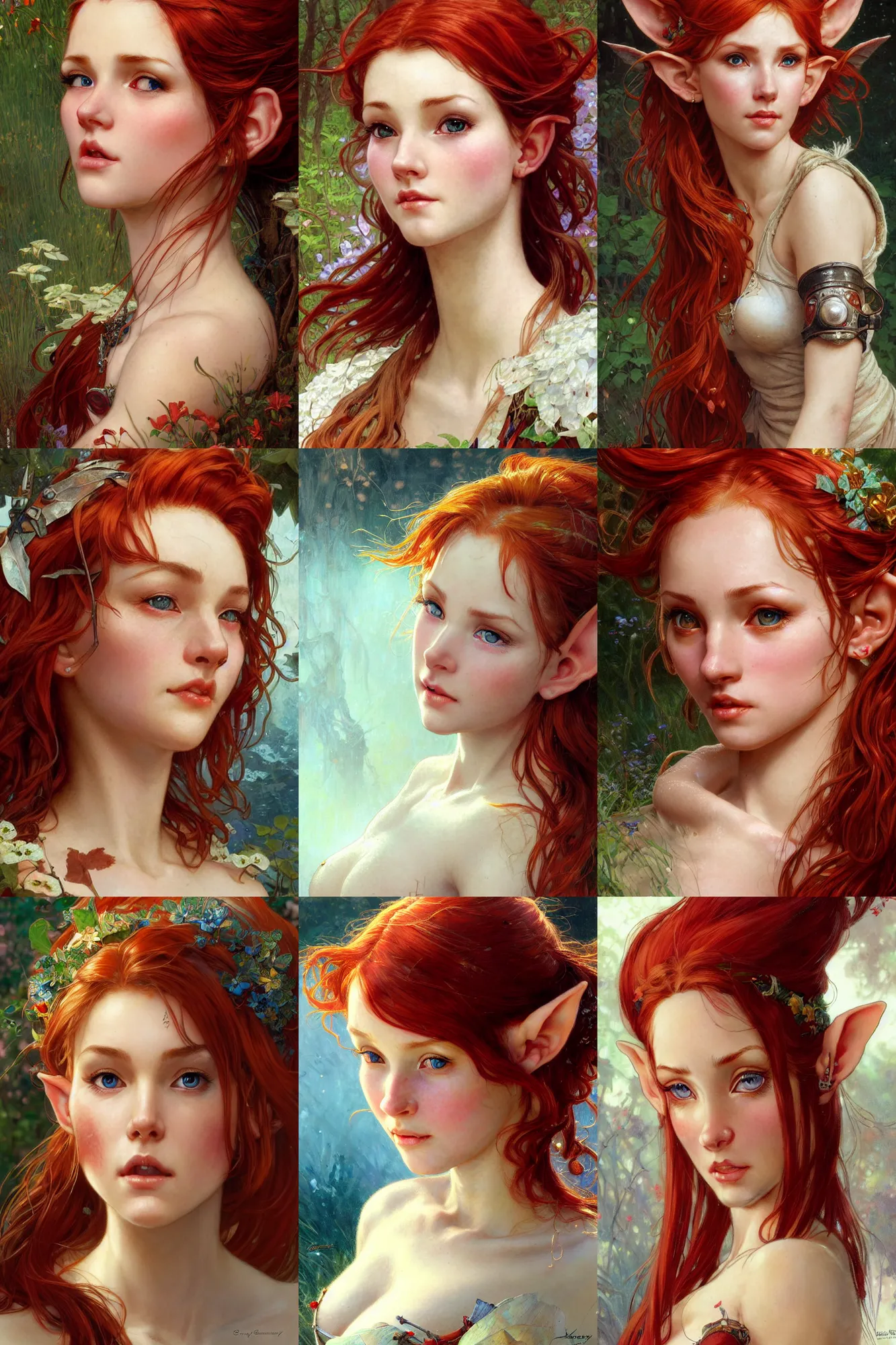 Prompt: alluring highly detailed closeup portrait of beautiful elf girl with red hair, very detailed face and ears, realistic, by Stanley Artgerm Lau, greg rutkowski, thomas kindkade, alphonse mucha, loish, norman rockwell J.