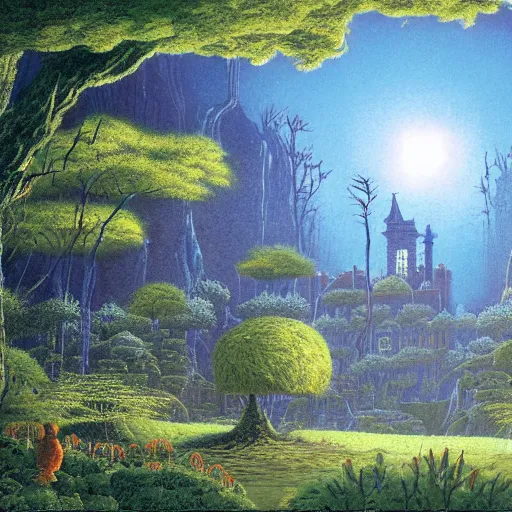 Image similar to Artwork by Tim White of the cinematic view of The Wood of Mirage, a Forest, with a mucid manor.