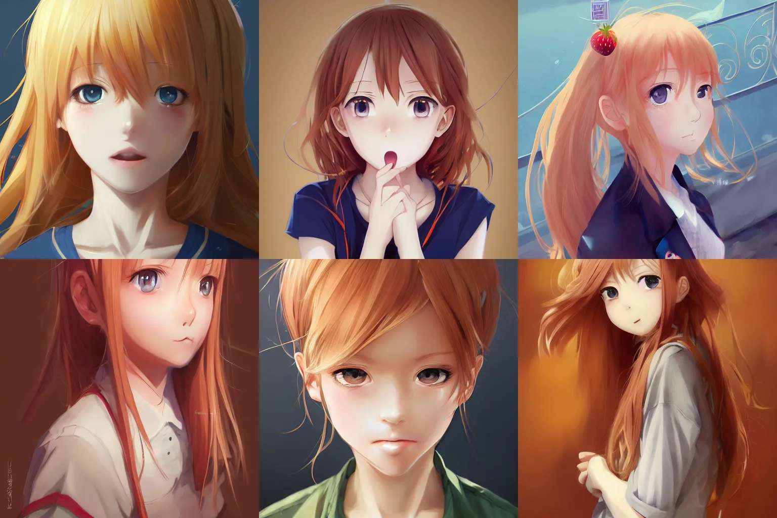 Prompt: An anime portrait of a beautiful happy girl with straight strawberry-blonde hair, brown eyes, wearing a shirt, closed lips, closed mouth, child, by Stanley Artgerm Lau, WLOP, Rossdraws, James Jean, Andrei Riabovitchev, Marc Simonetti, and Sakimi chan, trending on artstation