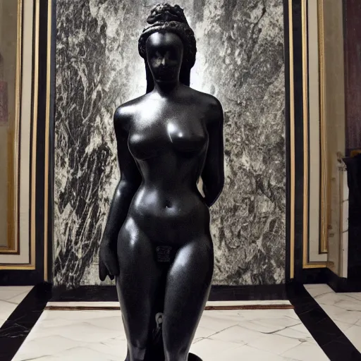 Prompt: a magnificent black Queen in a room of white marble