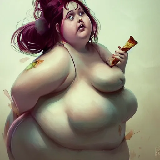 Prompt: a very fat fairy sitting in a messy room and burping because she ate too much pizza and junk food, fantasy art, illustration, amazing detail, in the style of greg rutkowski, artgerm, cgsociety