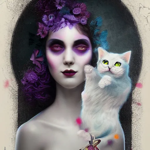 Prompt: picture generation, soft painting curiosities carnival, beautiful cat head hybrid in full long dress, accurate features, focus, very intricate ultrafine details, black white purple volumetric clouds, award winning masterpiece, octane render 8 k hd, tom bagshaw artstyle