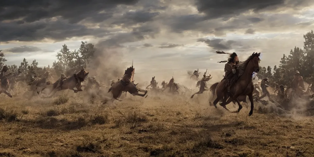 Image similar to promotional movie still rendered in 8 k hq 3 d octane ue 5, of an action shot from little bighorn, majestic action, focusing on the offset center of the scene, intense dramatic hdr, natural light, cinematic lighting, extremely high detail, photorealistic,