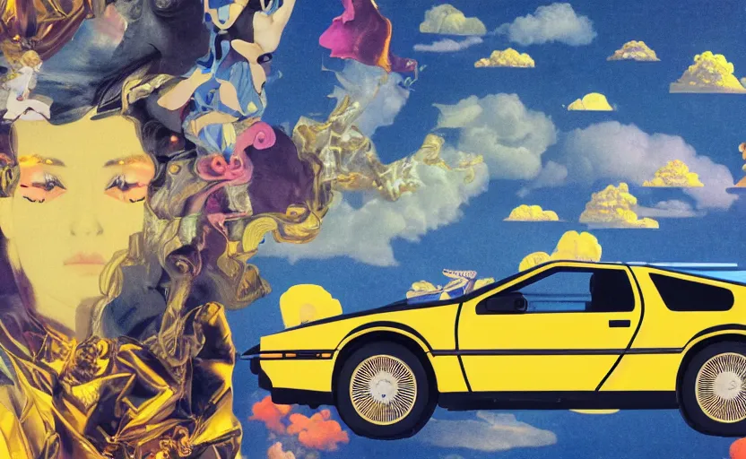 Prompt: a yellow delorean in the clouds, golden hour, colourful art by salvador dali, hsiao - ron cheng & utagawa kunisada, magazine collage,