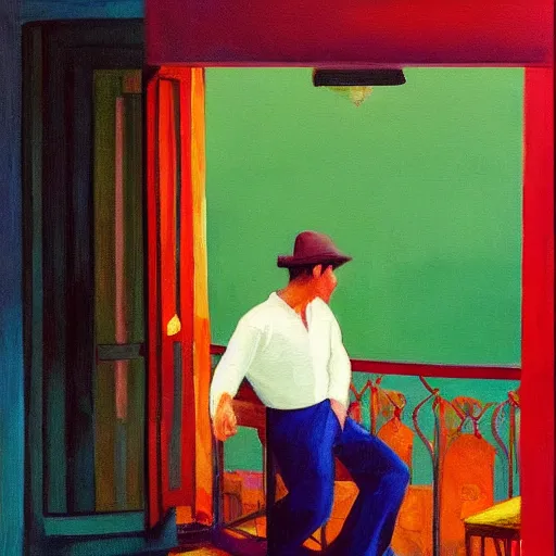 Prompt: a fine art painting of man from behind smoking a spliff at the glass door of a balcony at night, inspired by the styles of wes anderson and edward hopper