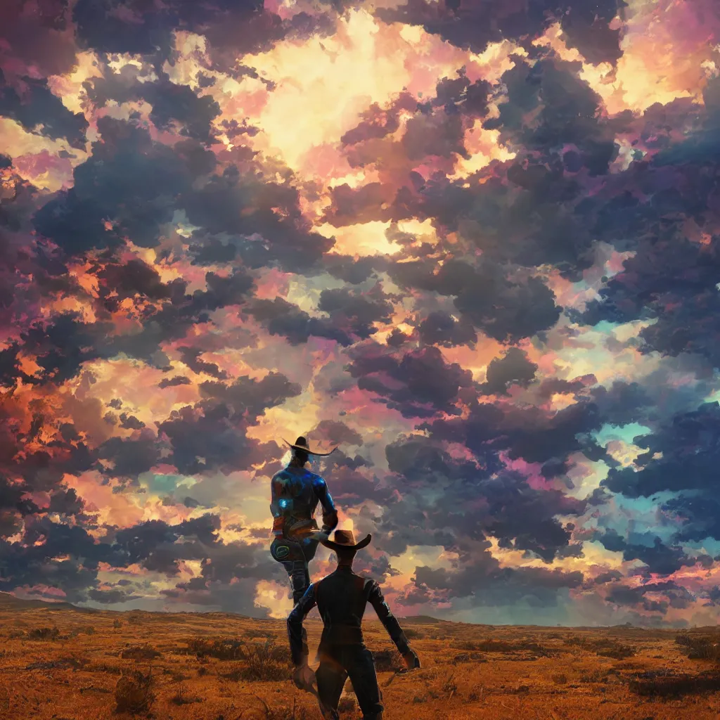 Image similar to octane render by laurie greasley and asher brown durand, a cowboy wearing a full - body iridescent suit and cowboy hat inside a scenic western landscape with colorful clouds, cinema 4 d, 8 k, volumetric lighting and shadows