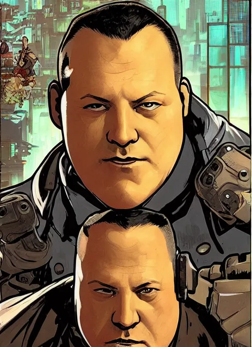 Image similar to cyberpunk paul blart fighting kickboxer. portrait by ashley wood and alphonse mucha and laurie greasley and josan gonzalez and james gurney. spliner cell, apex legends, rb 6 s, hl 2, d & d, cyberpunk 2 0 7 7. realistic face. vivid color. dystopian setting.