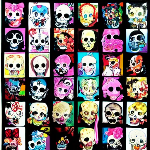 Image similar to portrait painting goofy skull skeleton, hello kitty, comic book, pokemon, highly detailed, art by Singer Sargent and damien hirst
