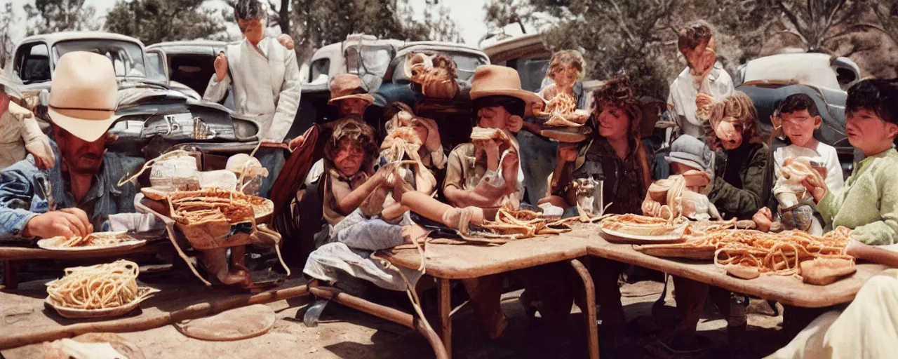 Prompt: dust bowl family eating spaghetti, jalopy, american west, aesthetic!!, small details, facial expression, intricate, canon 5 0 mm, wes anderson film, kodachrome, retro