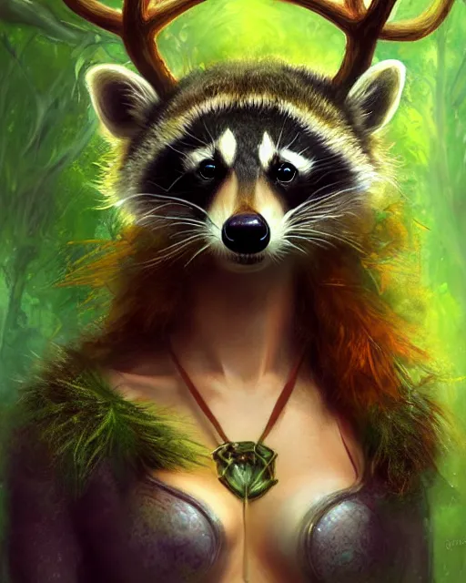 Prompt: female druid holding pet raccoon, perfect face, thin antlers, green halter top, ginger hair, abs, cinematic, freckles, stunning, athletic, strong, agile, highly detailed, psychedelic, digital painting, artstation, smooth, hard focus, illustration, art by jessica rossier and and brian froud