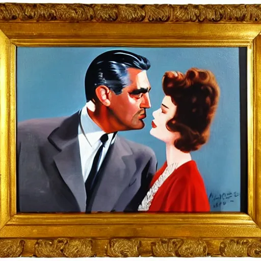 Prompt: an oil painting from a scene containing cary grant and kate hepburn in ‘ the philadelphia story. ’