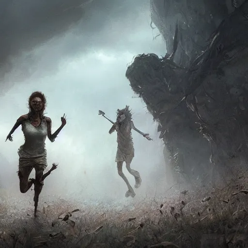 Image similar to epic portrait Two survivors running away from a zombie chase, apocalypic backround, atmospheric, digital painting, artstation, concept art, soft light, hdri, smooth, sharp focus, illustration, fantasy, intricate, elegant, highly detailed, D&D, matte painting, in the style of Greg Rutkowski and Alphonse Mucha and artemisia, 8k, highly detailed, jurgens, rutkowski, bouguereau, pastoral, rustic, georgic