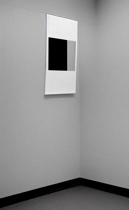 Image similar to a filmstill of a readymade object in a museum, empty white room, in the style of Marcel Duchamp