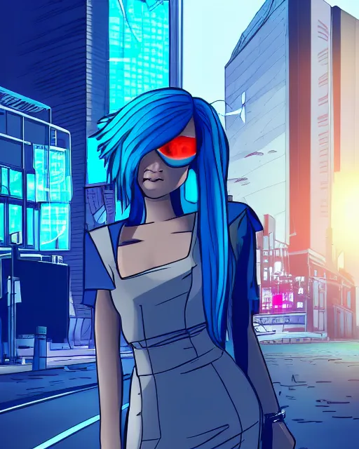 Image similar to cel shaded art of a pretty blue haired girl wearing a dress, cyberpunk city street background