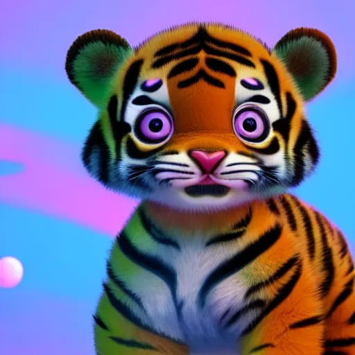 Image similar to a cute baby tiger cub, big eyes, soft fur texture, pastel colours, colorful, glitter crystals, cute, pixar animation style, detailed, soft light, octane render, 4 kb - w 6 4 0