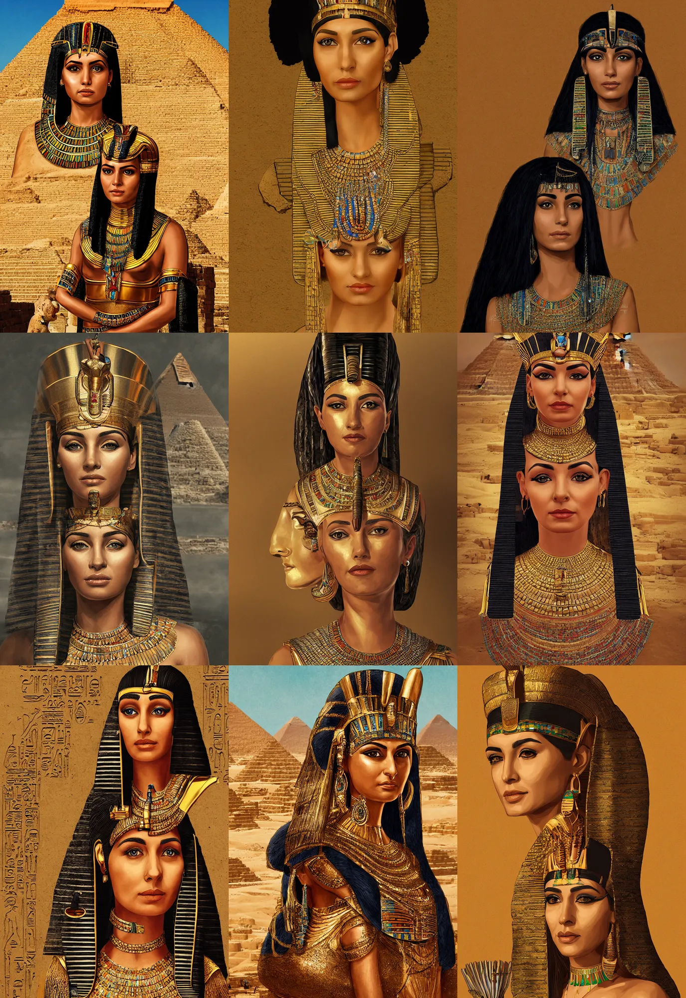 Prompt: a portrait of the queen of egypt cleopatra in front of the egyptian pyramids, highly detailed, trending on artstation digital art.