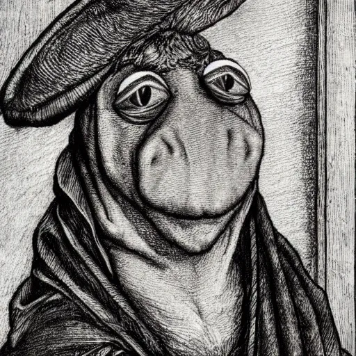 Image similar to traditional portrait of kermit in front of a window, close up, realistic, drawing by Albrecht Dürer