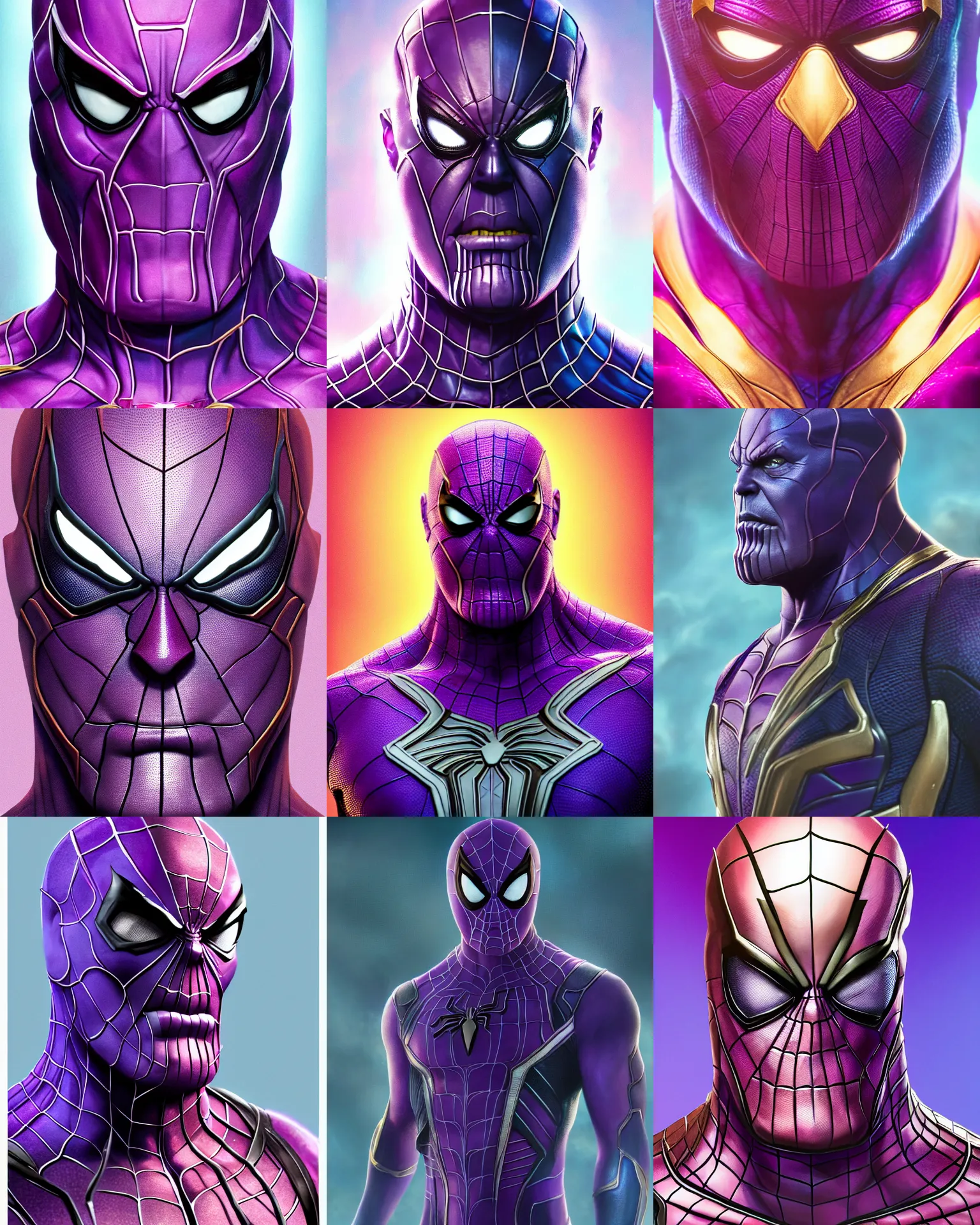 Prompt: thanos as spiderman | highly detailed | very intricate | symmetrical | whimsical and magical | soft cinematic lighting | award - winning | closeup portrait | pastel color palette | featured on artstation