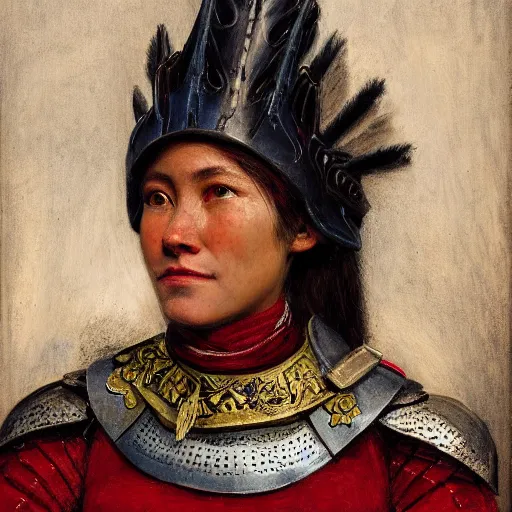 Prompt: head and shoulders portrait of a female knight, quechua!, cuirass, tonalist, symbolist, realistic, baroque, detailed, modeled lighting, haggard, vignetting, indigo and venetian red, angular, joyous, eagle