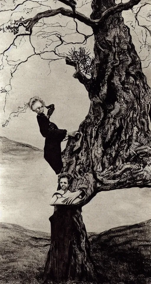 Image similar to Marie Curie hugging a tree by Salvador Dalí