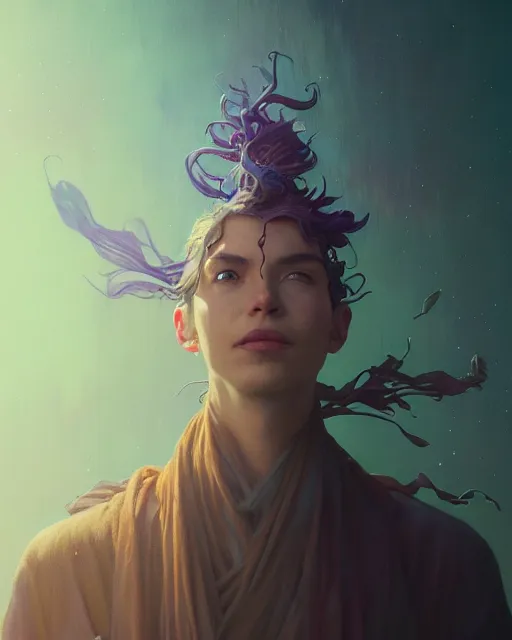 Prompt: highly detailed surreal vfx portrait of a mythpunk mage, stephen bliss, unreal engine, greg rutkowski, loish, rhads, beeple, makoto shinkai and lois van baarle, ilya kuvshinov, rossdraws, tom bagshaw, alphonse mucha, global illumination, detailed and intricate environment