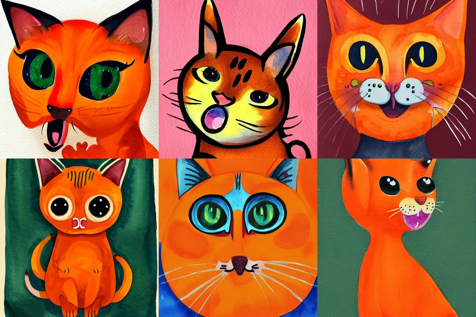 Prompt: A stylized painting of an Orange cat with big eyes and a wide open mouth, watercolor on paper, Vibrant, Cute, Popular on Reddit, Behance