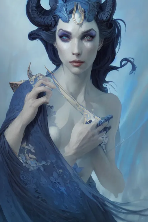 Image similar to a beautiful blue tiefling, dnd, face, fantasy, intricate, elegant, highly detailed, digital painting, artstation, concept art, smooth, sharp focus, illustration, art by artgerm and greg rutkowski and alphonse mucha