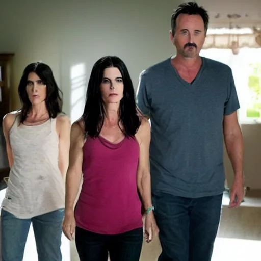 Image similar to high quality movie still of skinny actress Neve Campbell, actor David Arquette and actress Courteney Cox in Scream 5 (2013)