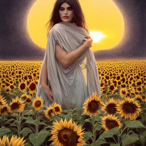 Image similar to Bedsheet Ghost in a field of sunflowers, sunset, Watercolor, photorealistic, high resolution, award winning, trending on artstation, olive skin, long dark hair, beautiful bone structure, intricate, elegant, highly detailed, digital painting, artstation, concept art, smooth, sharp focus, illustration, art by artgerm and greg rutkowski and alphonse mucha