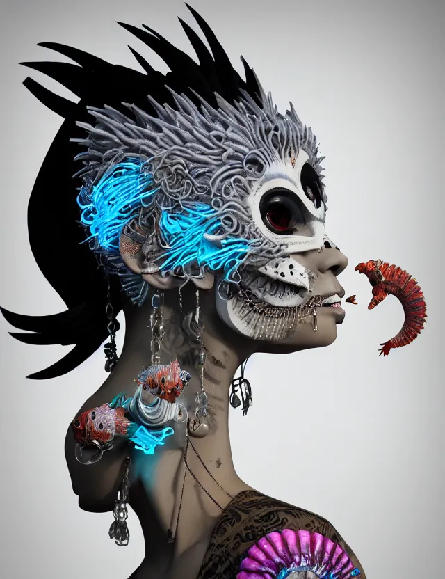 Image similar to 3 d goddess close - up profile simple portrait punk with mohawk with goat skull. beautiful intricately detailed japanese crow kitsune mask and clasical japanese kimono. betta fish, jellyfish phoenix, bio luminescent, plasma, ice, water, wind, creature, artwork by tooth wu and wlop and beeple and greg rutkowski