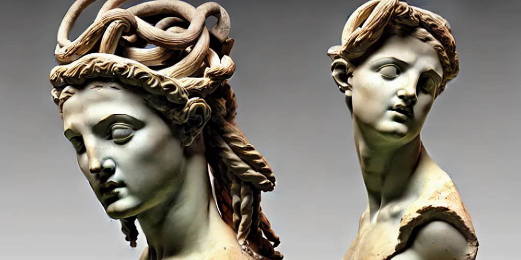 Image similar to ancient greek sculpture, artist unknown, bust, multiple poses, flawless beauty, young woman as medusa, prominent jawline