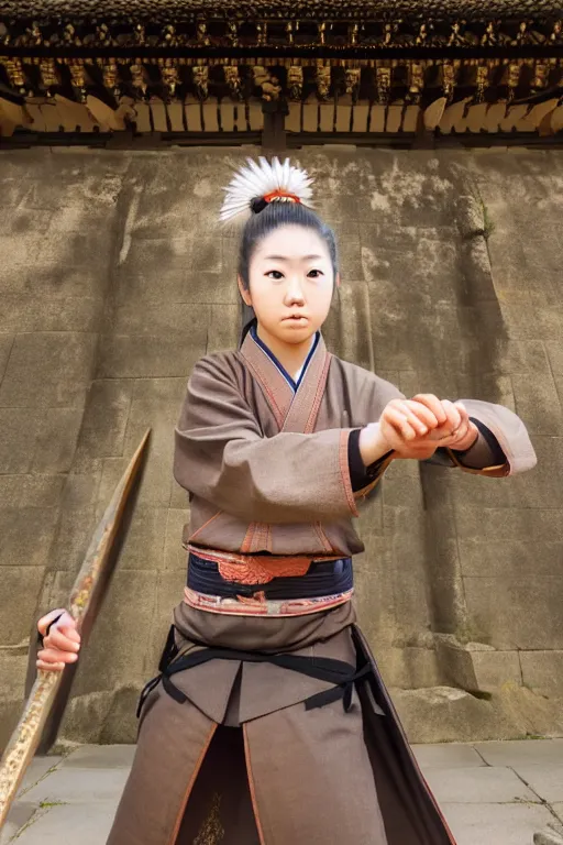 Prompt: highly detailed beautiful photo of a young female samurai, practising sword stances in a ancient temple, symmetrical face, beautiful eyes, realistic anime art style, 8 k, award winning photo, pastels colours, action photography, 1 / 1 2 5 shutter speed, sunrise lighting