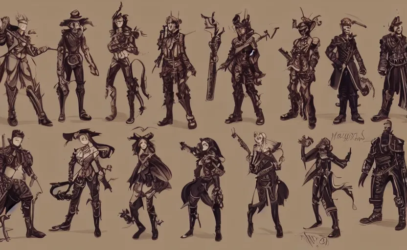 Prompt: character roster concept drawing for a steampunk fantasy themed tactical rpg, artwork by ross tran