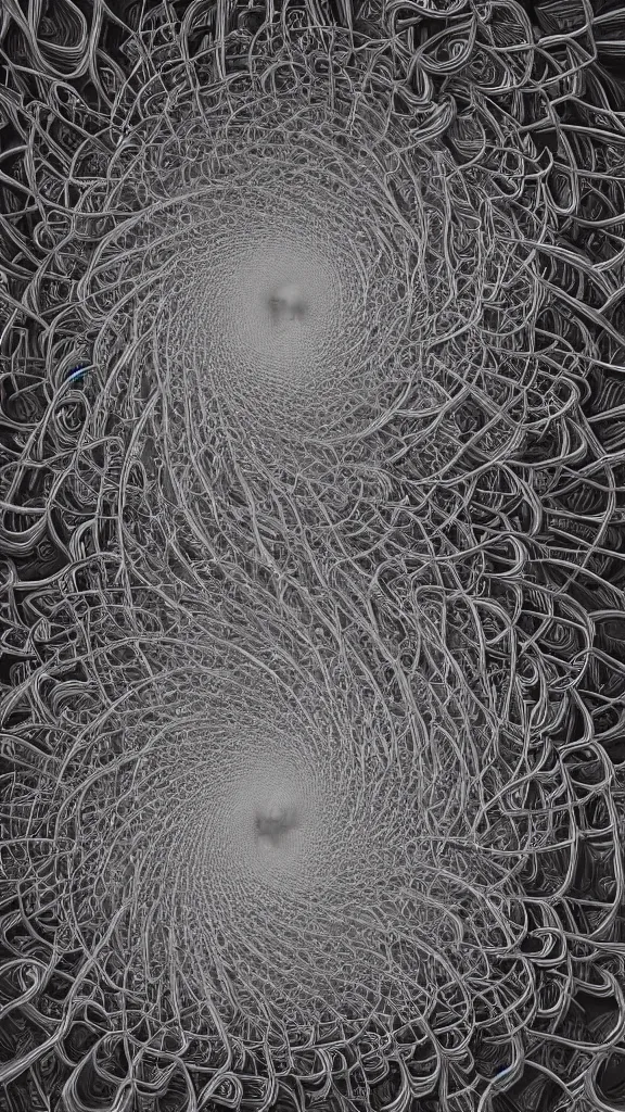 Image similar to 3d fractal wallpaper by Escher, geometrical figures, math, spirals tubes roots, completely filled space, psychedelic!!, mandelbulb 3d, digital art, high details, depth of field, hard lighting!, trending on artstation, deviantart, octane render, HD, (((Low light))), 8k, eric zener, zdzisław beksiński, dark background