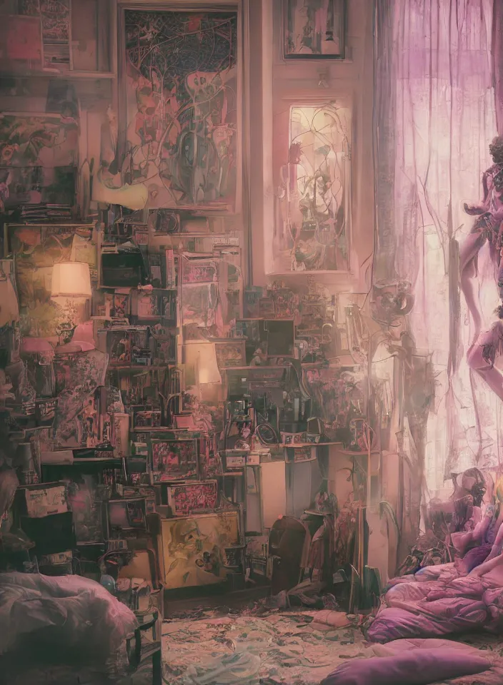 Prompt: telephoto 7 0 mm f / 2. 8 iso 2 0 0 photograph depicting the feeling of chrysalism in a cosy safe cluttered french sci - fi ( ( art nouveau ) ) cyberpunk apartment in a pastel dreamstate art cinema style. ( person relaxing living room ) ( ( fish tank ) ), ambient light.
