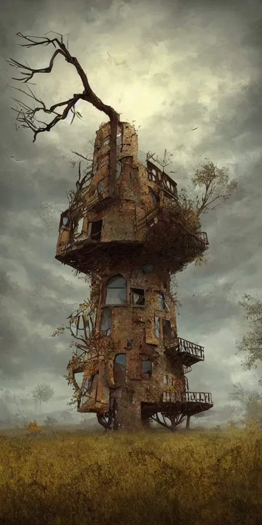 Image similar to tree house on a rusty broken building constructions of a giant upside - down spiral edgy staircase, leading to the sky, the ruins, in the steppe, autumn field, misty background, from the game pathologic 2, highly detailed, sharp focus, matte painting, by isaac levitan and asher brown durand,