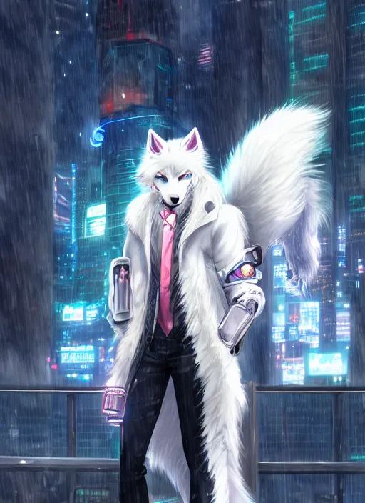 Image similar to character portrait of a male anthro white wolf fursona with a tail and a cute beautiful attractive furry face wearing stylish cyberpunk clothes in a cyberpunk city at night while it rains. hidari, color page, tankoban, 4K, tone mapping, Akihiko Yoshida.