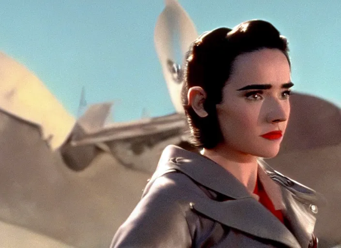 Prompt: a color movie still from the modern film the rocketeer featuring young jennifer connelly in her role as jenny blake ; color